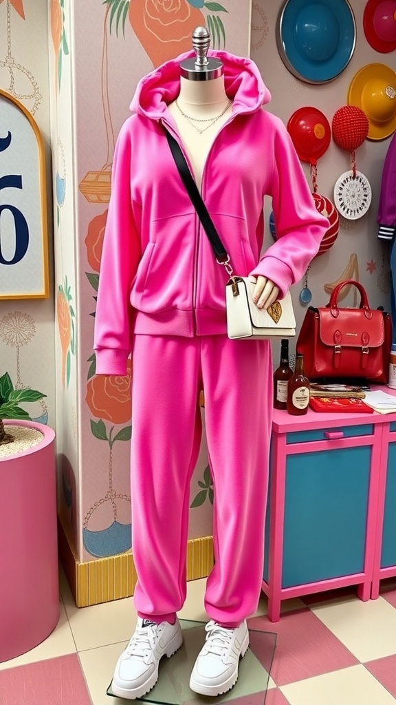 A stylish 90s Juicy Couture tracksuit in bright pink, complete with hoodie and sweatpants, paired with chunky sneakers.